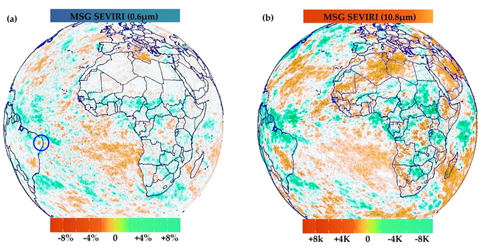 Imagens do satélite Meteosat-11 sugerem diminuição nas nuvens de chuva no Nordeste (áreas em laranja).